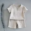 12m8 anos 2 PCs meninos de roupas para meninos conjuntos de roupas de verão Caspo de roupas de bebê e linho Retro Ternos infantis 240410