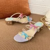 Slippels vlinderdas Sandaal gekleurde strass Fairy Wind Medium Heel Dikke Kruis met open teen sandalen