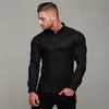 Spring herfstherenheren volheuvel met volledige mouw Solid Fitness Men Turndown Collar Super Slim Fit Business Dress Knop Gym Tops 240409