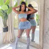 Abiti da lavoro Sexy Pearl Denim Set da 2 pezzi da donna Outfit Festival abbigliamento abbottoni Top senza spalline e Mini Skirt Party Club Matching