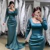 Elegant blue mermaid Muslim Evening Dresses square neck long sleeves Turkish Kaftan Dress pleats waist satin special occasion Formal dresses for women