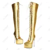 Boots Olomm Femmes Hiver sur le genou Crocodille Side Zipper Stiletto Talons pointés Points de fête Gold Party Plus US Size 3-10.5