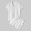 Cool sommar bekväm shortsleeved -knappskjorta herrar fast färg t -skjorta shorts kostym bomull och linne casual 240409