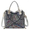 Bolsos de hombro Moda Denim Rivet Tote For Women 2024 Colorido Rhinestones Bolsos de mano Zipe Gran capacidad de ocio Dama