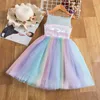 Flickans klänningar Little Girls Summer Dress for Kids Rainbow Mesh Unicorn Dress Sling Tutu Princess Födelsedag Barn Klädflicka Casual Dress D240423