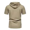 Men's T Shirts Summer Plaid Jacquard Short Sleeve Shirt Fashion Solid Tied Hooded T-Shirts