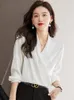 Women's Blouses 2024 Women Blusas Vintage White Satin Chic Tops Long Sleeve Casual Chiffon Blouse Female Work Wear Office Shirts D244