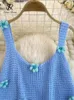 Sirrey Y2K Sweet Knitt Crops Tops 3D Flowers sem mangas mulheres backless moda moda verão estilo coreano chique em tanque de praia azul 240415