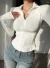 Koszulki damskie T-shirty Kobiety długi rękaw Zmniejsz kołnierz Slim Zipper Building Building Sexy Casual Korean Fashion Girls