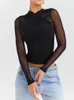 Mozision Sheer Mesh Long Sleeve Sexy T-shirt Women Autumn V Neck Zipper Layered Skinny Club Party Sexy Tops 240419