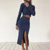 Women's Two Piece Pants High Collar T-shirt Waist Skirt Suit Turtleneck Set