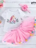 2024 bébé Summer Girl Imprimé Unicorne Sleette courte Sweetheart Pink Rose Rainbow Mesh Set Jirt