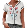 Women's Blouses Women V-neck Short Sleeve T-shirt Retro Print Summer Tops Ethnic Style Loose For Streetwear