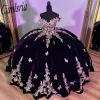 Robe quinceanera de la robe de bal en velours de papillon 3D Purple 3D avec vestidos corset en dentelle de cape Cape Gold