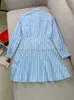 Spring Summer Blue Striped Print Panelled Shirt Dress Long Sleeve Lapel Neck Buttons Single-Breasted Casual Dresses W4A184176
