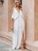 Basic Casual Dresses Boho Chiffon V-Neck Off Shoulder Sleeve Slit Tunic Dress Women 2023 Summer Elegant Solid Color Beach Wear Maxi Dresses A1445 240419