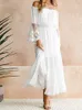 Basic Casual Dresses White Lace Long Dresses Women Sexy Off Shoulder Backless Chiffon Dress Ladies Casual Loose Flare Sleeve Boho Beach Holiday Dress 240419