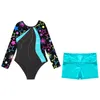 Scene Wear Kids Girls Long Sleeve Printed Ballet Dance Leotard med shorts Gymnastik Tumbling Yoga Biketard is Skating Bodysuit Set