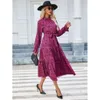 2024 Spring Printed Standing Neck Ruffle Edge Long Sleeve Lace Up Waist Dress F41942