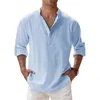 New Mens Linen Henley Collar Cotton Shirts Casual Long Sleeve Shirt Button Down Loose T-Shirt for Men 240415