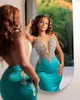 2024 Aso Ebi Hunter Green Mermaid Prom Dresses Beaded Crystals Satin Evening Formal Party Second Reception Birthday Engagement Gowns Dress Robe De Soiree ZJ742