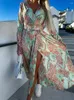 Robes décontractées robe de fête Femmes Summer Holiday Printing Split V-Neck à manches longues CEINTURATION ÉLECTANT LADEMES STREAGE FORME STREET