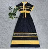 디자이너 드레스 v 넥 고급 인쇄 A- 라인 드레스 여성 캐주얼 BOWKNOT NECK BIG SWING LONG MAXI 드레스