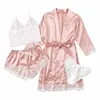 Women's Sleep Lounge New Womens Pajamas Four-Piece Sexy Large Size Robe Halter Shorts Set Outside Home Wear Pajamas Set Sexy Lace Pajamas Robe d240419