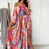 luxury dress maxi dress for women Vestido de Mujer Summer evening dress printed dress one-shoulder pullover retro long-sleeved wide slit long evening dresses elegant