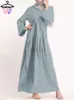 Ethnic Clothing New in Spring Summer Women Dress Ramadan Abaya Muslim Solid Musulmane Lace-up Waist Full Length Worship Service Abaya Long Dress d240419