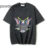 24SS American High Street Trendy Half Sleeve Eagle Letter Färgglada tryck Hip Hop tvättade gammal kort t-shirt