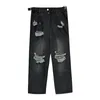 Kvinnors jeans sommar mode high street svart rak hål som bryter lös peplum som drar breda benbyxor