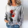 2024 Autumn and Winter Womens Long Sleeved U-neck Full Screen Printed T-shirt 3d Floral Fragments