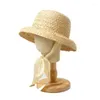 Hats Summer Sun Hat For Big Girls Hand-knitted Raffia Retro Flat Top Travel Sunscreen Vacation Straw With Lacing