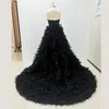 Party Dresses Strapless Puff Organza Tiered Pleat Split Sequiend Floor Length Sweep Train Sleeveless Black Evening Elegant Women Gown