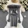 Casual Dresses Women's Dress Autumn Winter Solid Slash Neck Furry Female High Waist Slim Knit Vestidos 2024 Fashion Tide