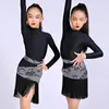 Porte des enfants robe de danse latine filles manches longues noires cols hauts franges cha vêtements de performance dnv19413