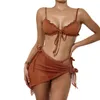 Frauen Badebekleidung Frauen Split Badeanzug Set Solid Color Bikini mit Rüschen Schnürhöpchen durchsichtige Mesh-Deckhöfe