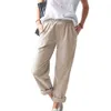 New Women's 2024 Cotton And Hemp Solid Color Casual Elastic High Waist Straight Leg Pants For Women