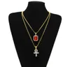 Hip -Hop -Schmuck Ägypter großer Ankh -Schlüsselanhänger Halsketten Sets Mini Sappy Ruby Sapphire mit Charm Cuban Link für Herren FASH8594688