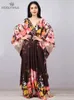 2024 Floral Print Maxi Dress Batwing Sleeve Tunic Summer Beach Casual Plus Size Kaftan Women Beachwear Coverups Q1289 240417