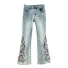 Dames jeans etnische stijl denim bootcut broeken lente zomer hoge taille slank fit borduurwerk strass pants mode