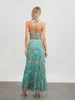 WSEVYPO Green Floral 2Pieces Robe Set Fichens Summer Party Streetwear Costless Sans manches Halter Backless Vestlong Jupe 240410