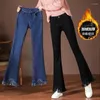 Frauen Jeans dicker schlanker samtig gefütterte Flare Hosen Winter Quasten Design warmes Vaqueros Trouseers mittelhüftet großer Größe Denim Broek