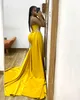 Charming Mermaid Beaded Prom Dresses Pleated Yellow Evening Gowns Side Split Illusion One Shoulder Neckline Special Occasion Formal Wear