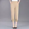 Pantalon féminin d'été femmes minces couchés élastiques hauts style chinois hétéro brodé femelle d'âge moyen décontracté