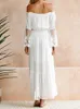 Basic Casual Dresses White Lace Long Dresses Women Sexy Off Shoulder Backless Chiffon Dress Ladies Casual Loose Flare Sleeve Boho Beach Holiday Dress 240419