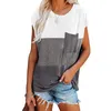 Zomer t -shirts voor vrouwen kleurblok schep nek korte mouw shirts met pocket top