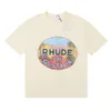 Designer T-shirt RHUDE Tees Castle Coconut Tree Windowsill Scenery Double Yarn Pure Cotton Casual Loose Short Sleeve T-shirt Men Women T Shirt