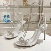 Alta qualidade rene caavilla arco sandálias de diamante moda moda genuína tornozelo tira fivela fivela de luxo designer sapatos clássicos de 9,5 cm de altura sapato de casamento